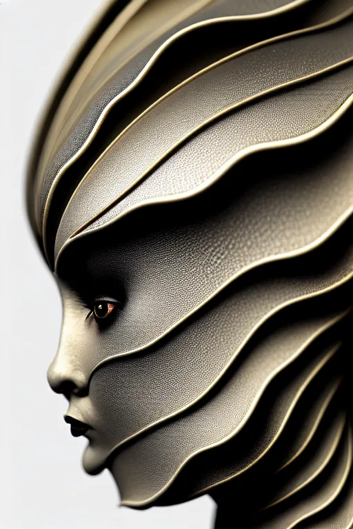 Prompt: bw close - up profile face, black background, beautiful young porcelain vegetal - dragon - cyborg - female, 1 5 0 mm, beautiful natural soft rim light, silver gold details, magnolia leaves and stems, roots, mandelbot fractal, elegant, ultra detailed, white metallic armour, octane render, h. r. giger style