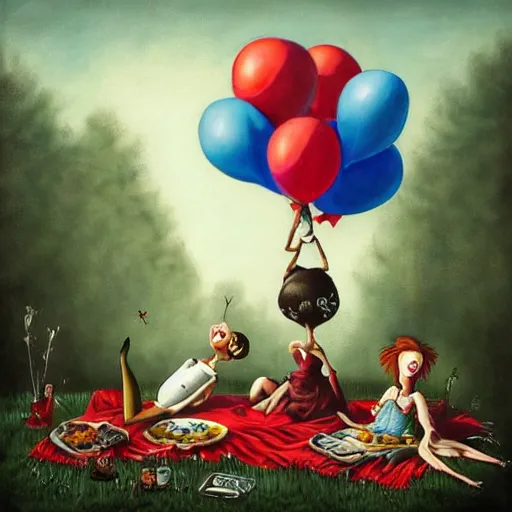 Image similar to grunge painting of a picnic with a wide smile and a red balloon by chris leib, loony toons style, pennywise style, corpse bride style, horror theme, detailed, elegant, intricate, conceptual, volumetric light