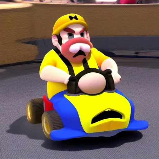 Image similar to Gérard Depardieu as Wario, yellow overall, yellow cap, the letter W, in a kart, Nintendo, render