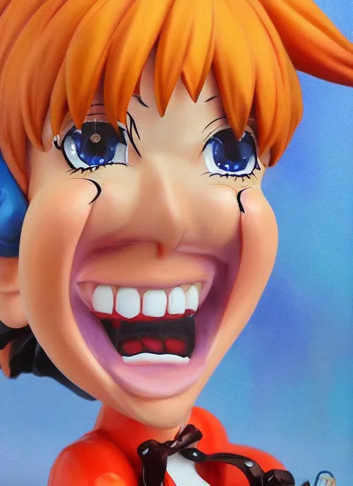 Prompt: a lifelike oil panting of an anime girl figurine caricature with a big dumb grin featured on Nickelodeon by Basil Gogos