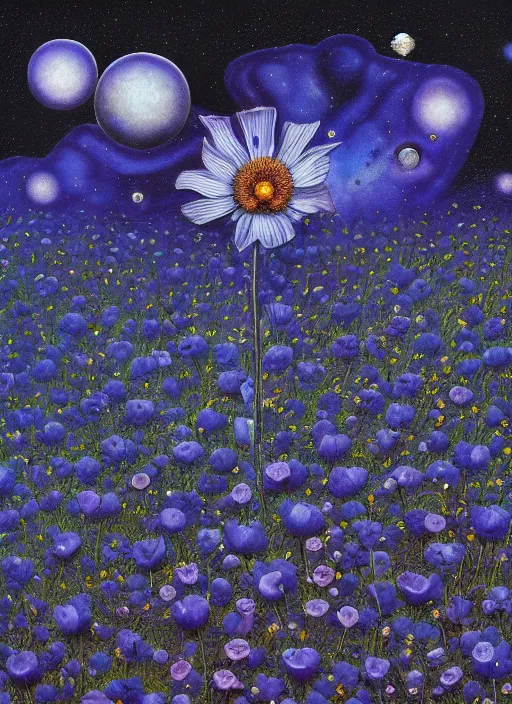 Image similar to detailed, intricate blue black and purple papaverum flower on the field, nebula, galaxy in the sky, winning award masterpiece, fantastically beautiful, illustration, aestheticly inspired, jacek yerka, upscale with anguissola sofonisba work, artstation, 8 k