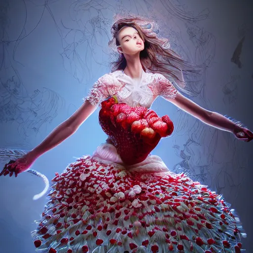 Image similar to the professional photoshoot of an absurdly beautiful, graceful, elegant, sophisticated, fashionable young model made of strawberries and white petals, an ultrafine hyperdetailed illustration by kim jung gi, irakli nadar, intricate linework, bright colors, octopath traveler, final fantasy, unreal engine 5 highly rendered, global illumination, radiant light, detailed and intricate environment