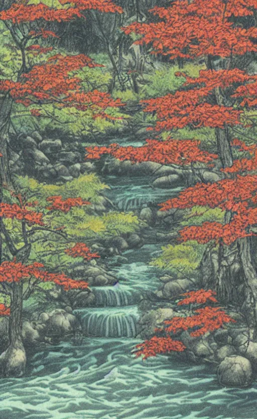 Prompt: by akio watanabe, manga art, a maple forest opens to a water stream, fall season, trading card front