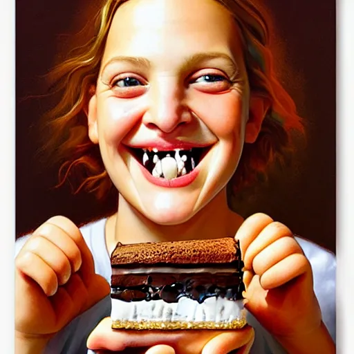 Image similar to drew barrymore face inside! a smore, chocolate, marshmallow graham cracker, digital painting by arcimboldo, rhads