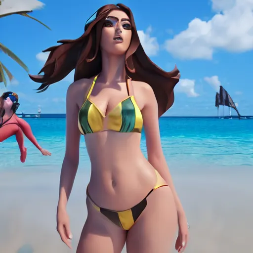 Image similar to pool party Caitlyn (League of Legends) starting into the caribbean horizon . 3d octane render 4k