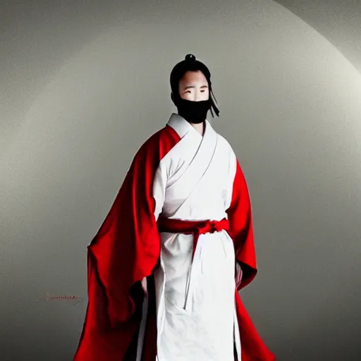 Image similar to samurai cloaked in white with swords, standing in light beam of a dark cave, ruby red sorrow, high quality, ultra detail,