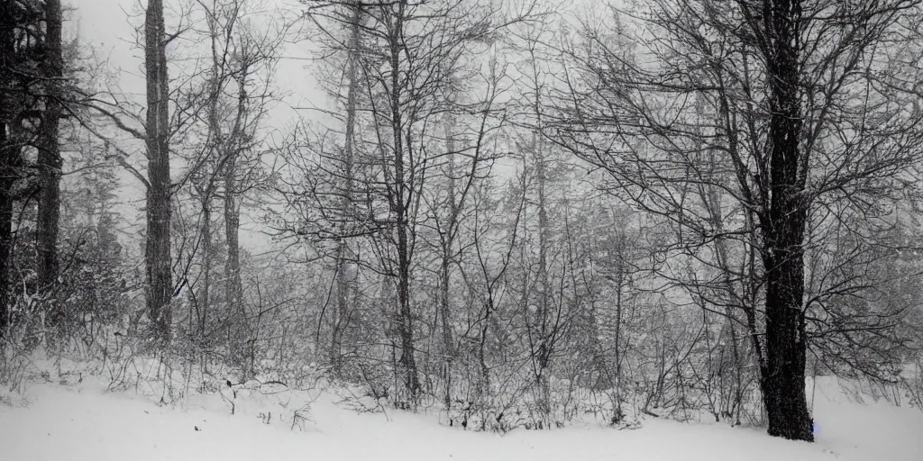 Image similar to photo, bigfoot faintly appears in the distance, barely able to be seen. cold color temperature, snow storm. hazy atmosphere. humidity haze. kodak ektachrome, greenish expired film, award winning, low contrast