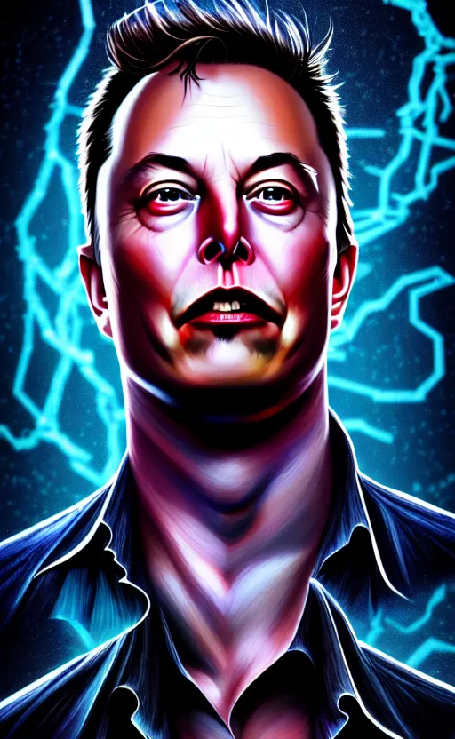 Image similar to a striking full body portrait of elon musk the eldritch god - creature, detailed artwork, realism, 4 k resolution, detailed, high quality, sharp focus, hq artwork, insane detail, volumetric lighting, character concept art, fine details, tarot card, clear subject