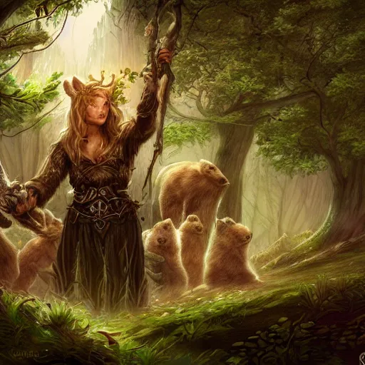 Prompt: elven druid summoning bears in the forest, diablo 2 inspired, trending on artstation, ultra fine detailed, hyper detailed, hd, concept art, digital painting