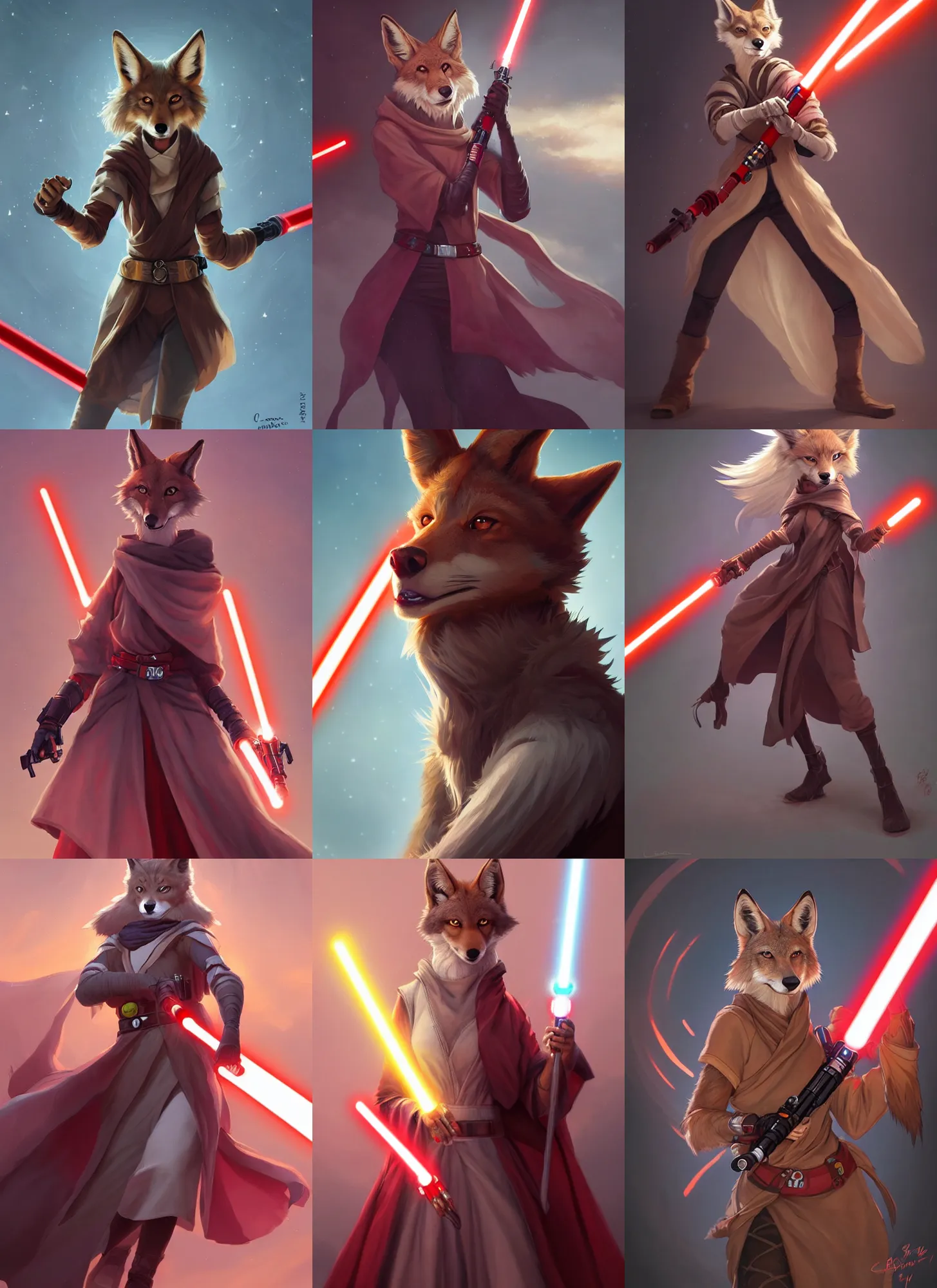 Prompt: beautiful portrait of a female anthropomorphic coyote fursona wearing jedi robes wielding a red lightsaber. character design by charlie bowater, ross tran, artgerm, and makoto shinkai, detailed, soft lighting, rendered in octane