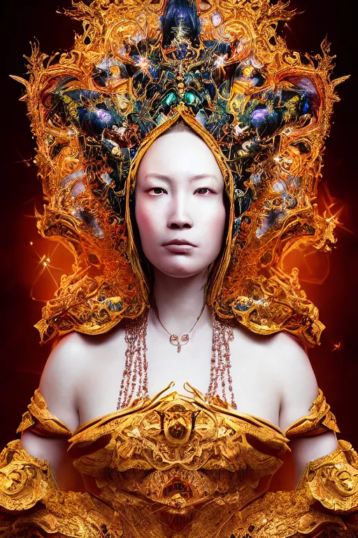 Image similar to a beautiful empress portrait, with a brilliant, impossible striking big cosmic galaxy headpiece, clothes entirely made out of cosmos chaos energy, symmetrical, dramatic studio lighting, rococo, baroque, jewels, asian, hyperrealism, closeup, D&D, fantasy, intricate, elegant, highly detailed, digital painting, artstation, octane render, 8k, concept art, matte, sharp focus, illustration, art by Artgerm and Greg Rutkowski and Alphonse Mucha