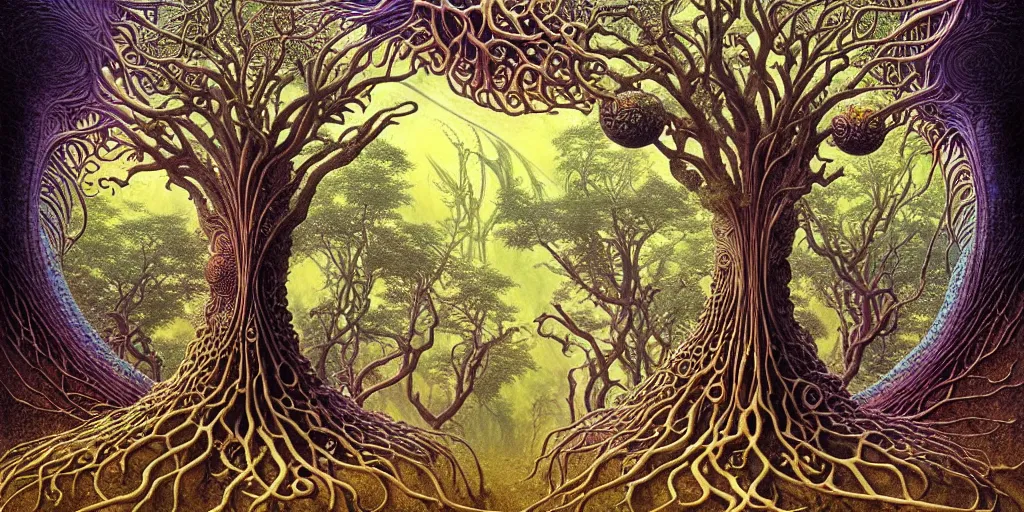 Image similar to tree of life by roger dean and andrew ferez, art forms of nature by ernst haeckel, divine chaos engine, symbolist, visionary, art nouveau, botanical fractal structures, organic, detailed, realistic, surreality