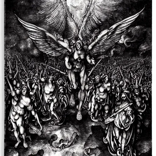 Image similar to vision of hell with winged demons flying over the flames, art by albrecht durer