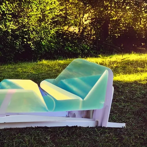 Prompt: a pastel coloured Polaroid photo of a sun lounger made of transparent iridescent perspex stood centrally in a field, beams of light, nostalgic