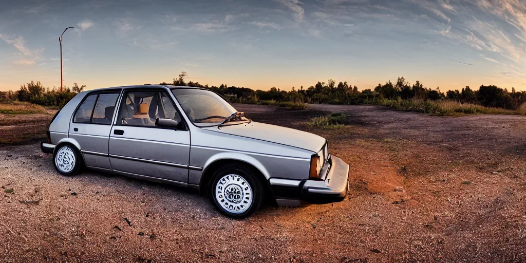 Prompt: a lonely rusty silver 1985 VW Golf in a vacant gravel lot, wide angle, golden hour, panorama, detailed digital art