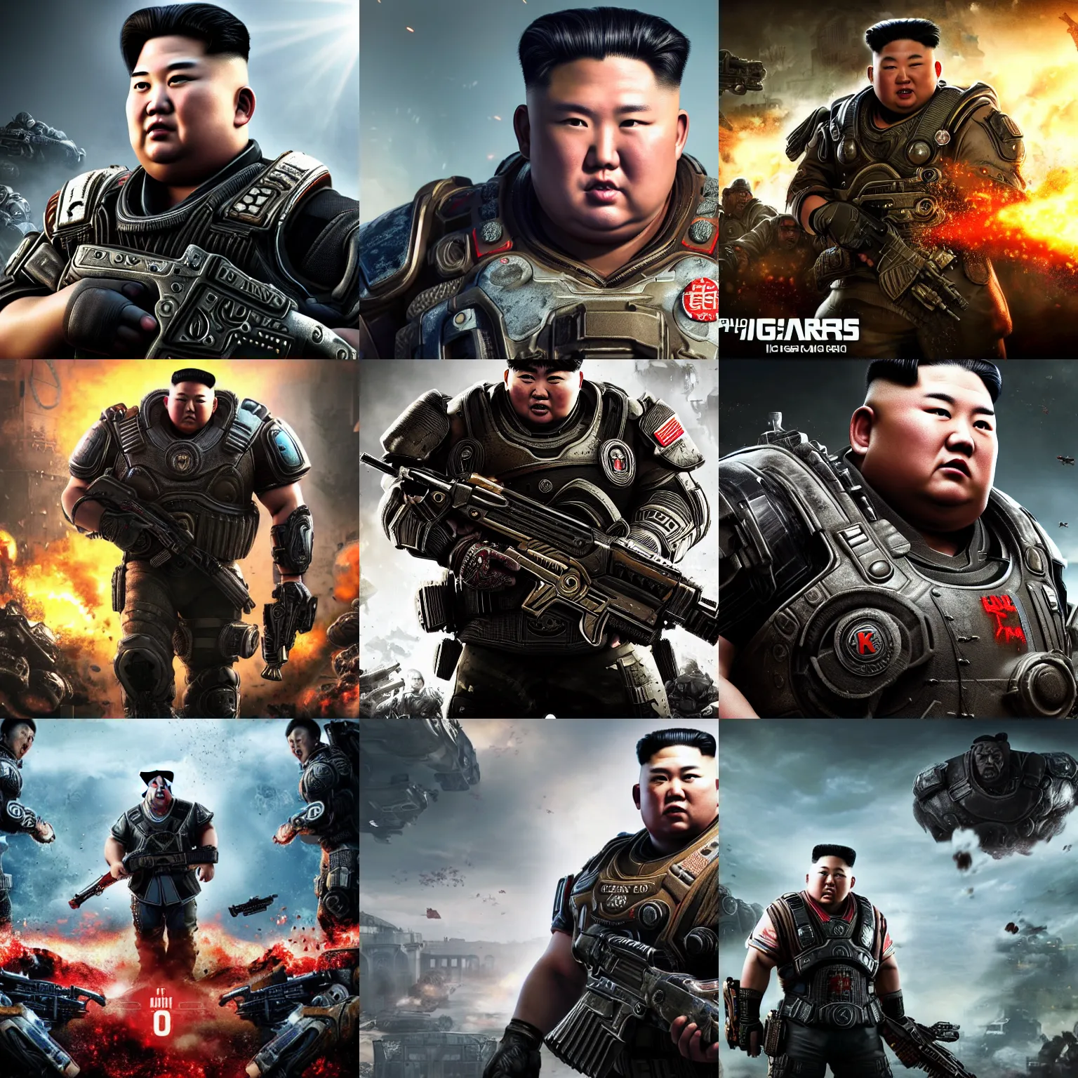 Image similar to portrait of kim - jong un in gears of war, splash art, movie still, detailed face, cinematic lighting, dramatic, octane render, long lens, shallow depth of field, bokeh, anamorphic lens flare, 8 k, hyper detailed, 3 5 mm film grain