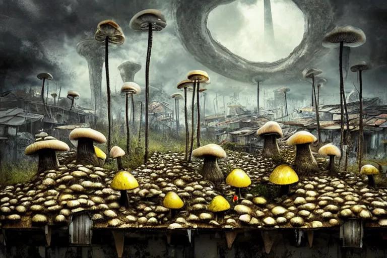 Image similar to favela mushroom beehive, fungus environment, industrial factory, apocalyptic, award winning art, epic dreamlike fantasy landscape, ultra realistic,