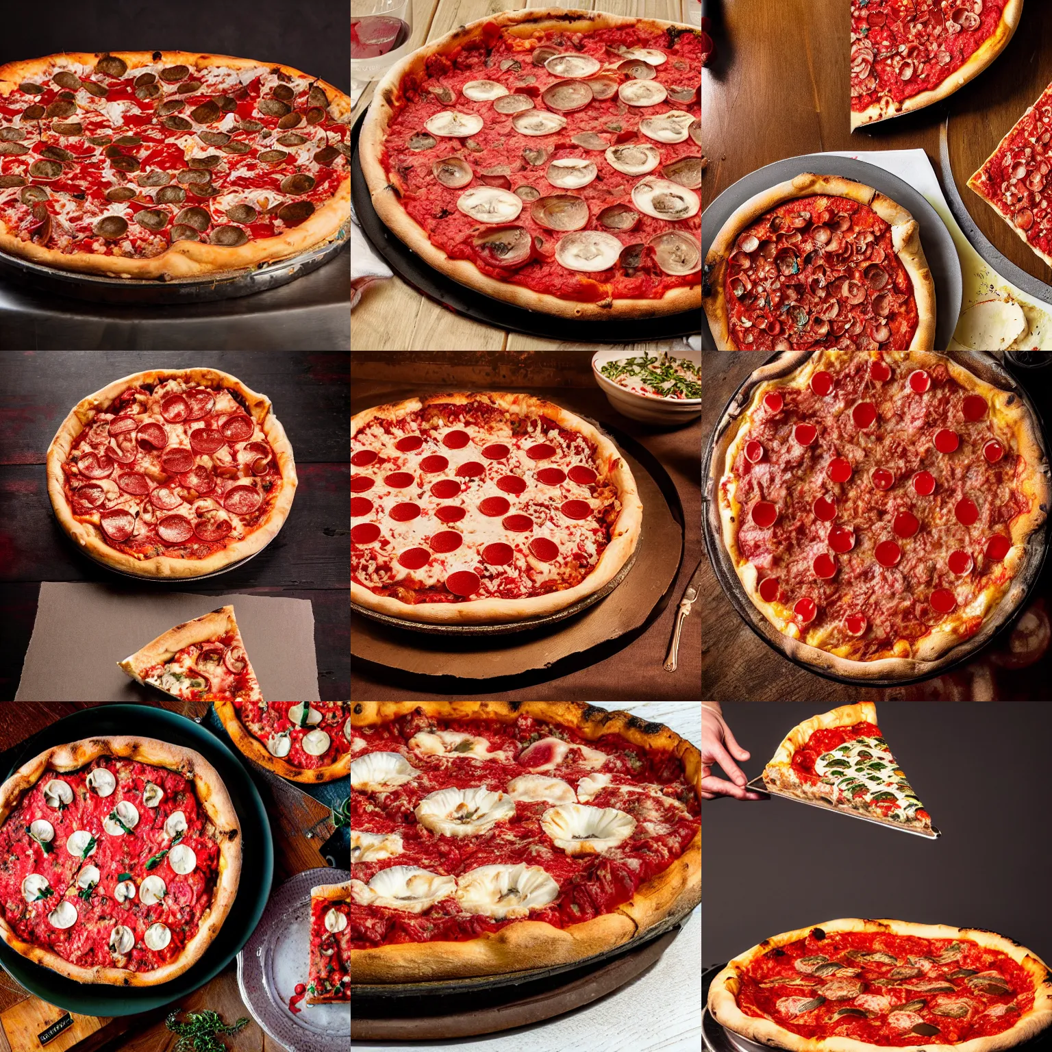 Prompt: amanita muscaria on top of a deep dish pizza, several large amanita muscaria, on a table, viewed from the side, professional food photography