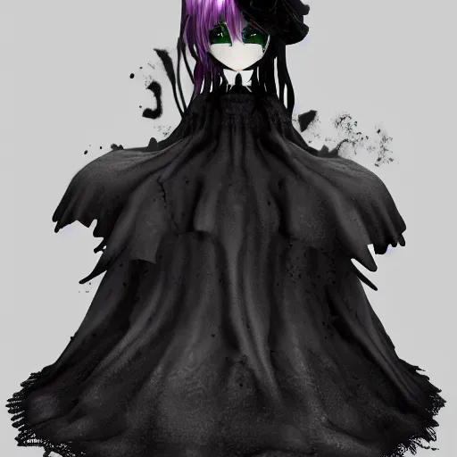 Image similar to cute fumo plush of a cursed floating blob of dark ichor vaguely in the shape of a cute girl, amorphous, inky blackness, fluid simulation melting, gothic dress with lace, black and white, horror, vray