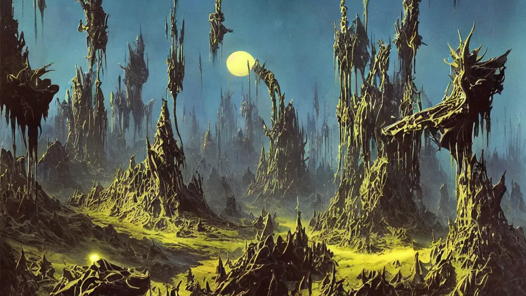 Image similar to surreal eerie alien planet empire with strange biomechanical plants by frank frazetta and bruce pennington, cinematic matte painting