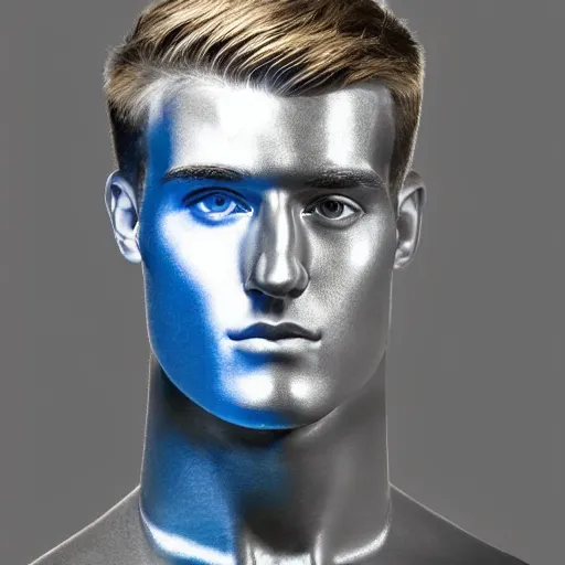 Image similar to a realistic detailed photo of a guy who is an attractive humanoid who is half robot and half humanoid, who is a male android, boxer and youtuber jake paul, shiny skin, posing like a statue, blank stare, at the museum, on display