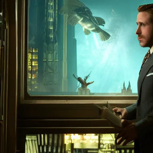 Prompt: a highly detailed cinematic photo from a live - action bioshock movie. andrew ryan, portrayed by ryan gosling, is shown standing in a 1 9 3 0's office with a large desk in front of a floor - to - ceiling window looking out onto the underwater city of rapture shining in the distance, several fish are shown outside of the window