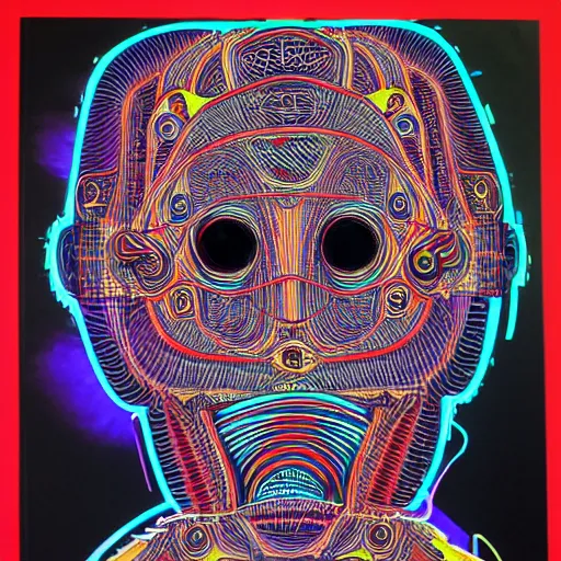 Prompt: hallucinatory portrait of robbie the robot, colored marker caricature, highly detailed circuitry, fractals, patterns within patterns