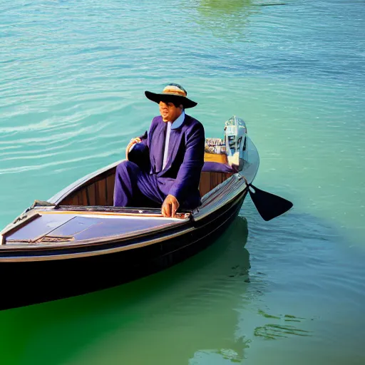 Prompt: a fashionable man driving a riva boat around the the venetian lagoon. kodak portra film photograph. brilliant aqua blues. complimentary color palette.