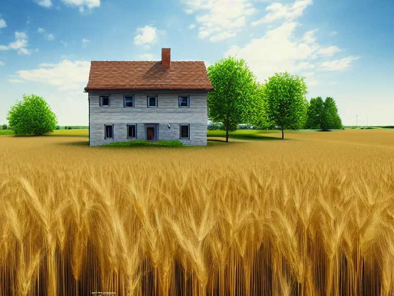 Image similar to hyperrealism concept art design of beautiful house in small ukrainian village, wheat field behind the house