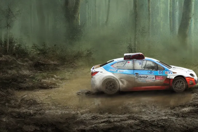 Image similar to a rally car splashing thru a mud puddle in a forest. Digital art, extremely detailed, artstation, motion blur, mist