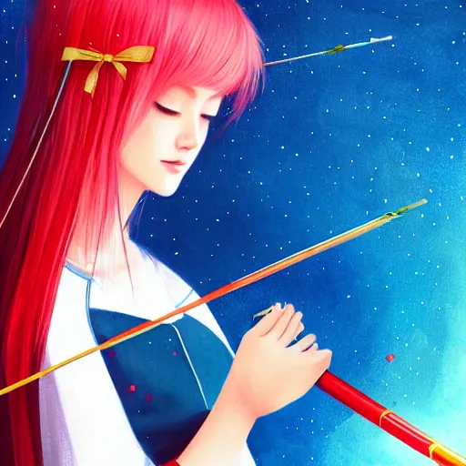 Image similar to colorful and festive captivating teenager girl with blonde hair, red japanese traditional clothes, shooting a firework with bow and arrow at the sky. rich vivid colors, ambient lighting, dynamic lighting, 4 k, atmospheric lighting, painted, intricate, highly detailed by charlie bowater