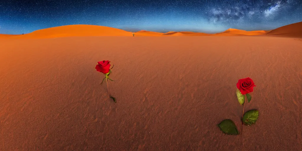 Image similar to a single red rose is growing in the middle of the desert. beautiful starry sky and sand dunes can be seen in the background. wide angle shot, 4 k, golden hour.