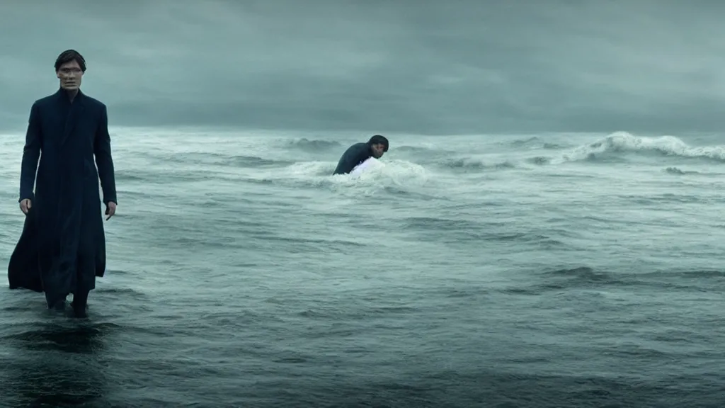 Image similar to Cillian Murphy coming out of the ocean, film still from the movie directed by Denis Villeneuve with art direction by Zdzisław Beksiński, wide lens