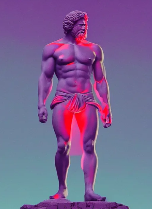 Image similar to statue of hercules looking angry, beeple, vaporwave, retrowave, black background, neon outlines, black, glitch, strong contrast, neon cuts, pinterest, trending on artstation