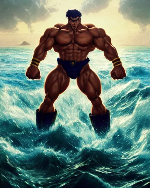 Image similar to gigachad luigi bodybuilder fighting like street fighter in ocean, fantasy character portrait, ultra realistic, anime key visual, full body concept art, intricate details, highly detailed by greg rutkowski, ilya kuvshinov, gaston bussiere, craig mullins, simon bisley