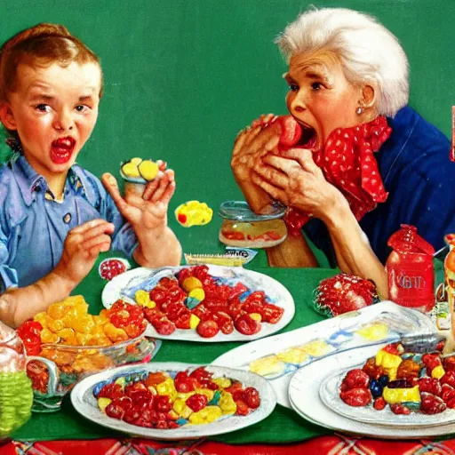 Prompt: hyper realistic hight detailed grandmother with a big mouth eating gummi bears on the table in the russian kitchen, by norman rockwell, bright colors, 4 k, 1 6 k, 3 2 k, photorealistic, cartoon style