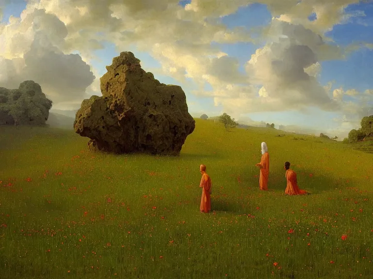 Image similar to an oil painting of a sacred sculpture in a vivid meadow on a beautiful morning by beksinski carl spitzweg and tuomas korpi. baroque elements, full-length view. baroque element. intricate artwork by caravaggio. Trending on artstation. 8k