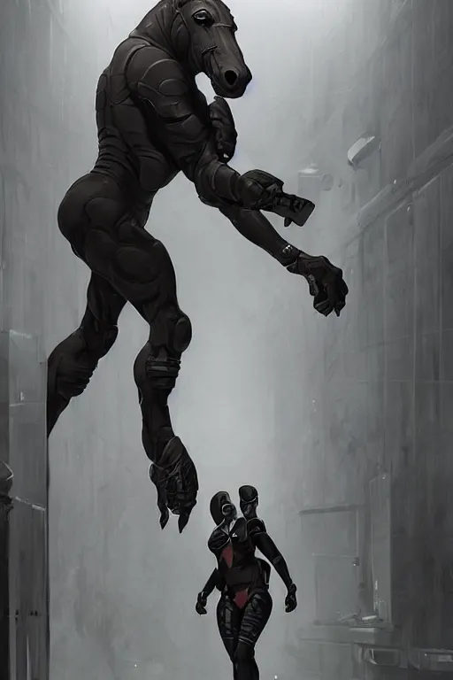 Image similar to a exaggeratedly muscled black - coated anthropomorphic horse wearing a skintight tactical clothing, test subject supersoldier, in a corridor of a research facility, game character, highly detailed, digital painting, artstation, concept art, illustration, art by artgerm, greg rutkowski, wlop