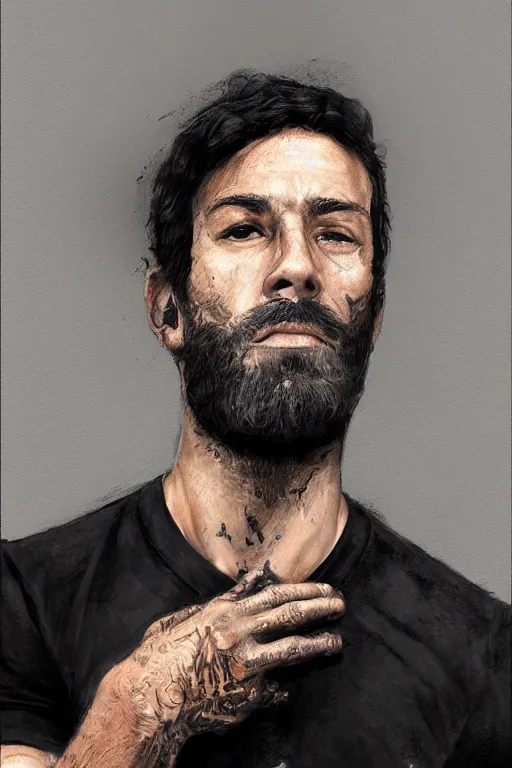 Image similar to very detailed portrait of a rugged man in his early thirties, strong jaw, ( ( deep black eyes ) ), ( ( ( latino features ) ) ), wearing a black!! t - shirt, earthy color scheme, by wlop and krenz cushart and artgerm, detailed eyes, starry background, trending, on artstation.