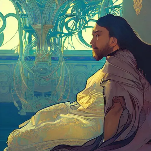 Image similar to humiliated man kneeling before a proud queen, yellow eyes, highly detailed, digital painting, artstation, smooth, sharp focus, illustration, art by artgerm and alphonse mucha, high definition digital art, in the style of ilya kuvshinov and Ross tran
