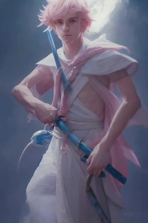 Image similar to portrait of a cute white mage boy with a staff in mage armor, soft, pink and blue, by tom bagshaw and atey ghailan and artgerm and and greg rutkowski, hyper realistic, octane render, trending on artstation