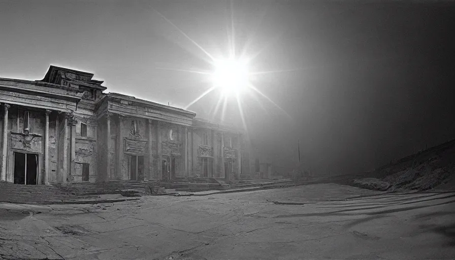 Image similar to 1 9 7 0 s movie still of a non euclidian building, by piranesi, panoramic, ultra wide lens, cinematic light, flare, anamorphic