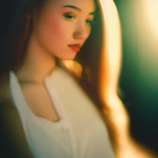 Image similar to professional studio portrait of a very beautiful young woman, lens flare, glow filter, dramatic lighting, cinematic, 5 0 mm f 1. 4 fuji 4 0 0 h