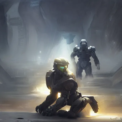 Image similar to concept art of Master Chief bending over touching his toes by greg rutkowski, craig mullins, trending on artstation