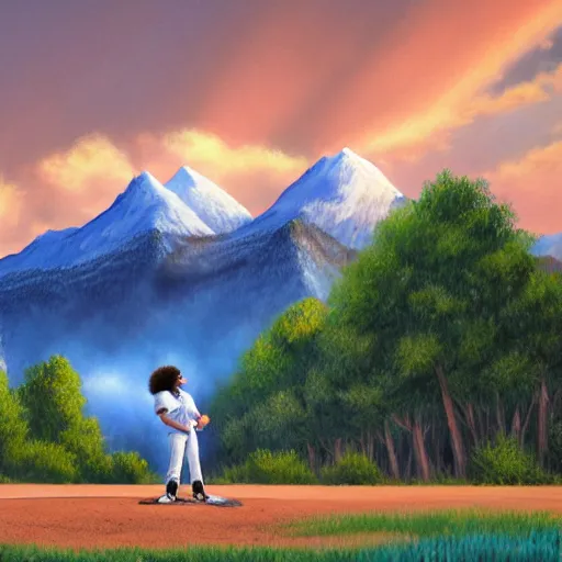 Image similar to a closeup photorealistic photograph of bob ross painting an image of kenny powers pitching a baseball on a canvas. mountains and trees. film still. brightly lit scene. this 4 k hd image is trending on artstation, featured on behance, well - rendered, extra crisp, features intricate detail, epic composition and the style of unreal engine.