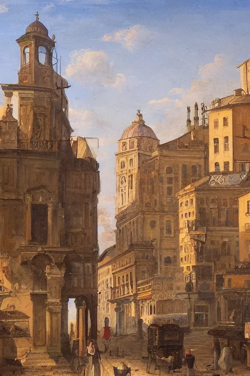 Image similar to painting of view of old European city with mix of middle eastern architecture fusion, photoreal, morning city view , painting by Charles Leickert , old master painting