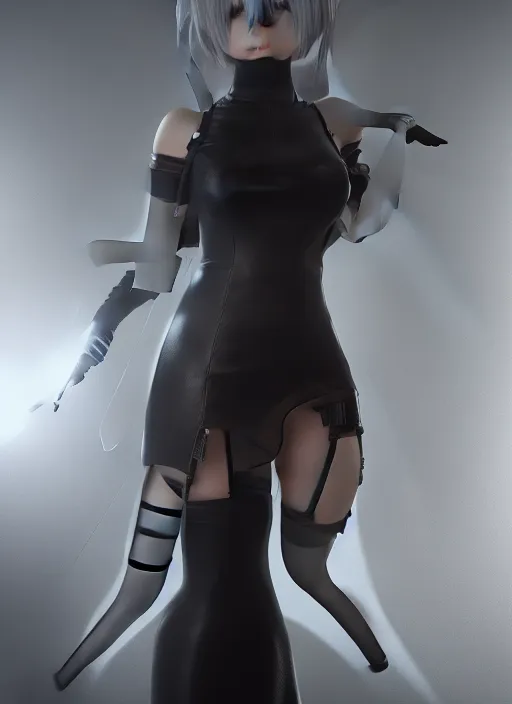 Image similar to Hyperrealistic beautiful portrait of 2B, nier automata, black dress, 8k, Octane Render, cinematic lighting