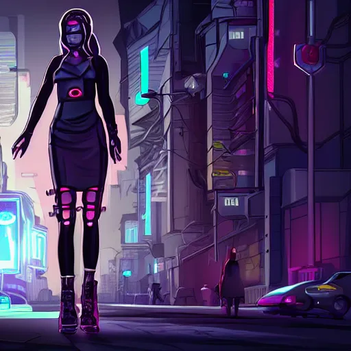 Image similar to full length character design, digital art of a cyberpunk girl in a cyberpunk street with sunshaft