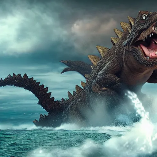 Prompt: gigantic 1 0 0 meters beagle fighting with godzilla over the sea, epic cinematic, 4 k, very high detail