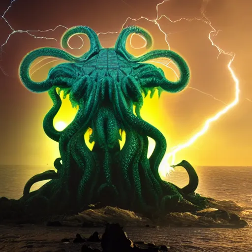 Prompt: cthulhu god using ufo smash a light tower when thunder land on the sea, high quality